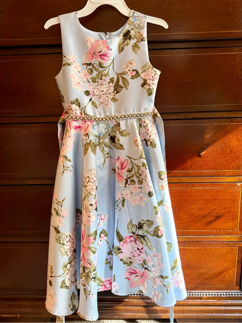 Honey and Rosie Light Blue Floral Party Dress with Pearl Waist